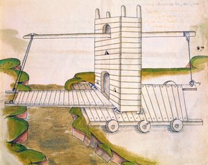 Progetto per una macchina con ponte levatoio su ruote per uso in guerra o assedi, illustrazione da De Machinis da Mariano di Jacopo 1382 c.1453 after Mariano di Jacopo 1382 c.1453 after